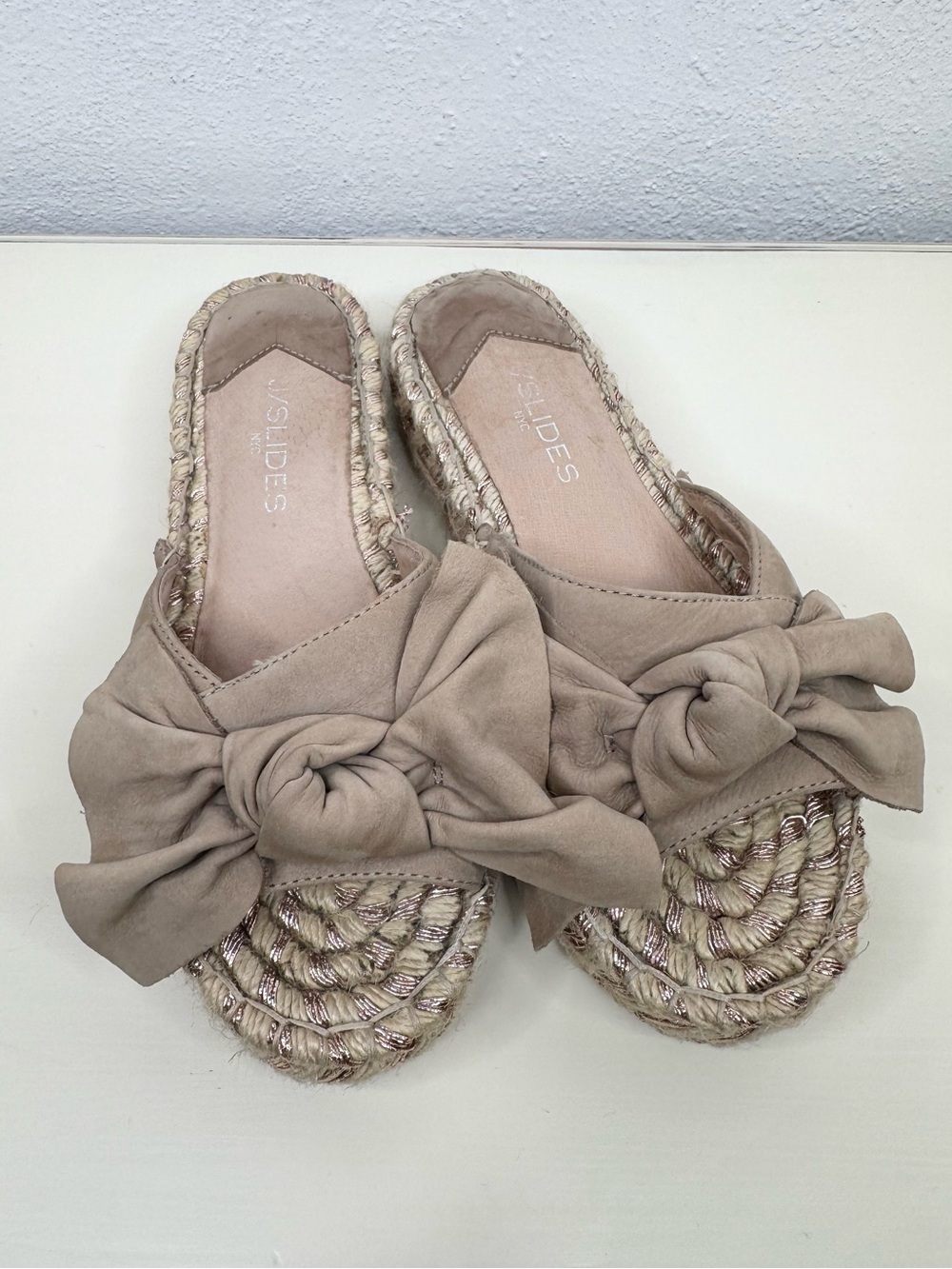 J/Slides Bow Espadrille Slide Sandals Womens 6.5 Beige Open Toe Platform